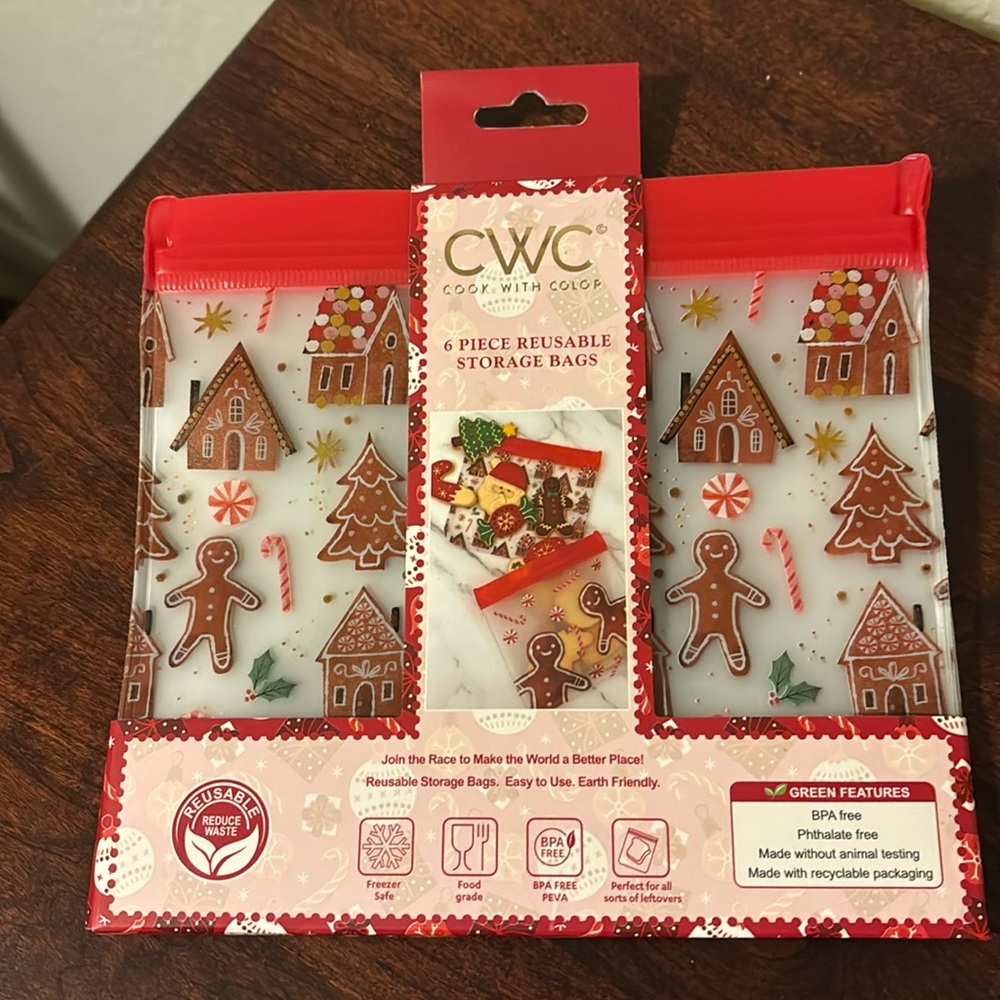 Cook with Color Set of 6 reusable storage bags - Christmas Gingerbread design